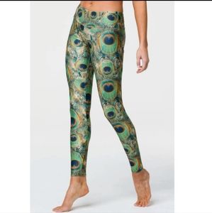 Onzie Peacock Print Leggings Womens Medium Large Tan Green High Rise Waist Pants